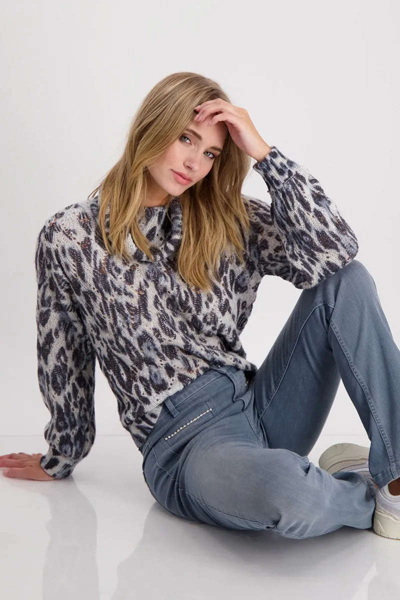 All-Over Leopard Print Sweater 807448MNR in Smokey Blue Pattern by Monari