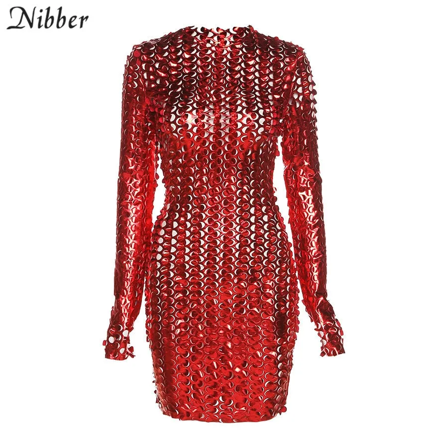 Amozae--hoco dresses  Fashion Weave Cross Hollow Shining See-through Mini Dresses   Backless Ruched Club Long Sleeve Mesh Dress Summer  -0505