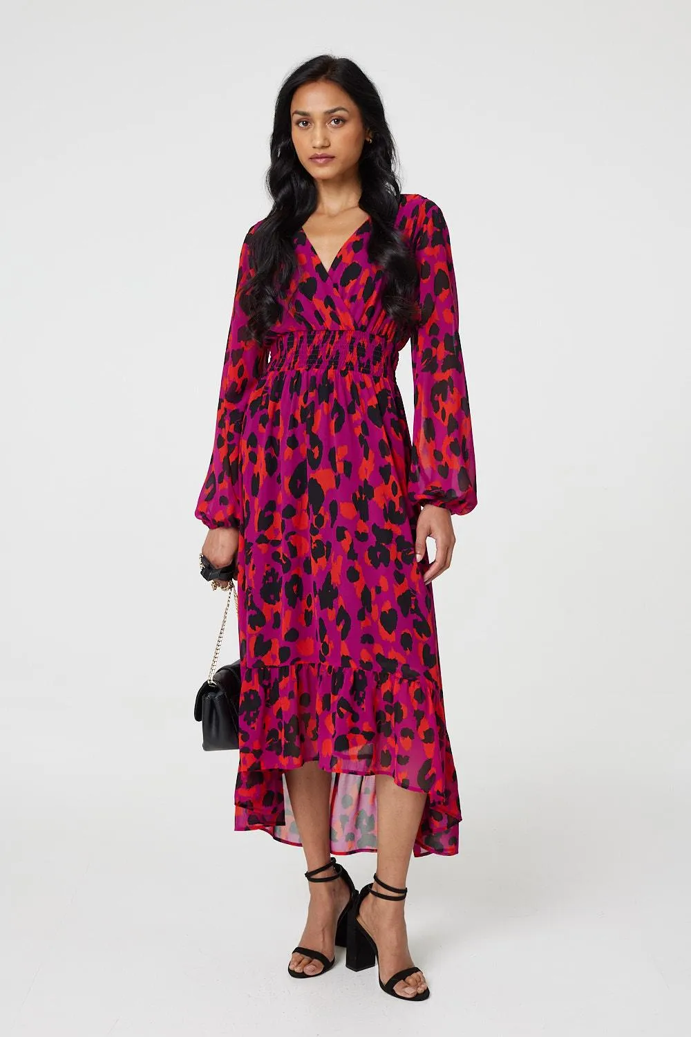 Animal Print V-Neck Curve Hem Midi Dress