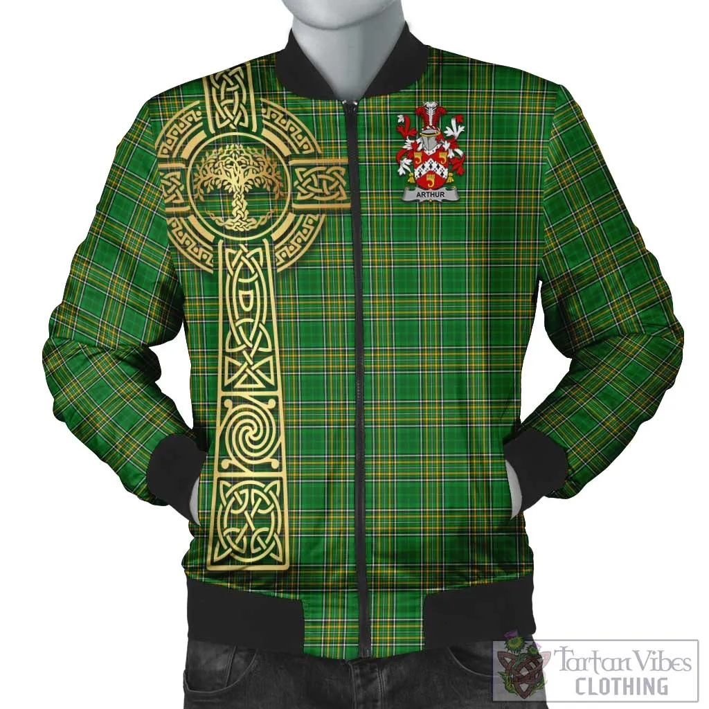 Arthur Irish Clan Tartan Bomber Jacket with Coat of Arms Celtic Tree of Life Style