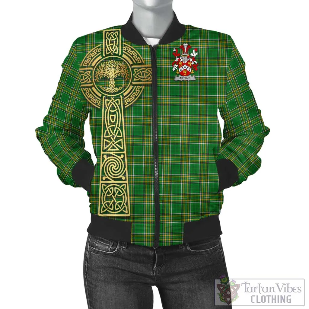 Arthur Irish Clan Tartan Bomber Jacket with Coat of Arms Celtic Tree of Life Style