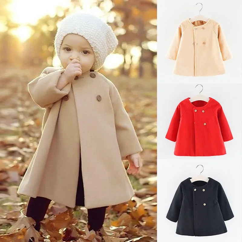 Baby Girl Fashion Peacoat - Solid Color Button Toddler Petticoat