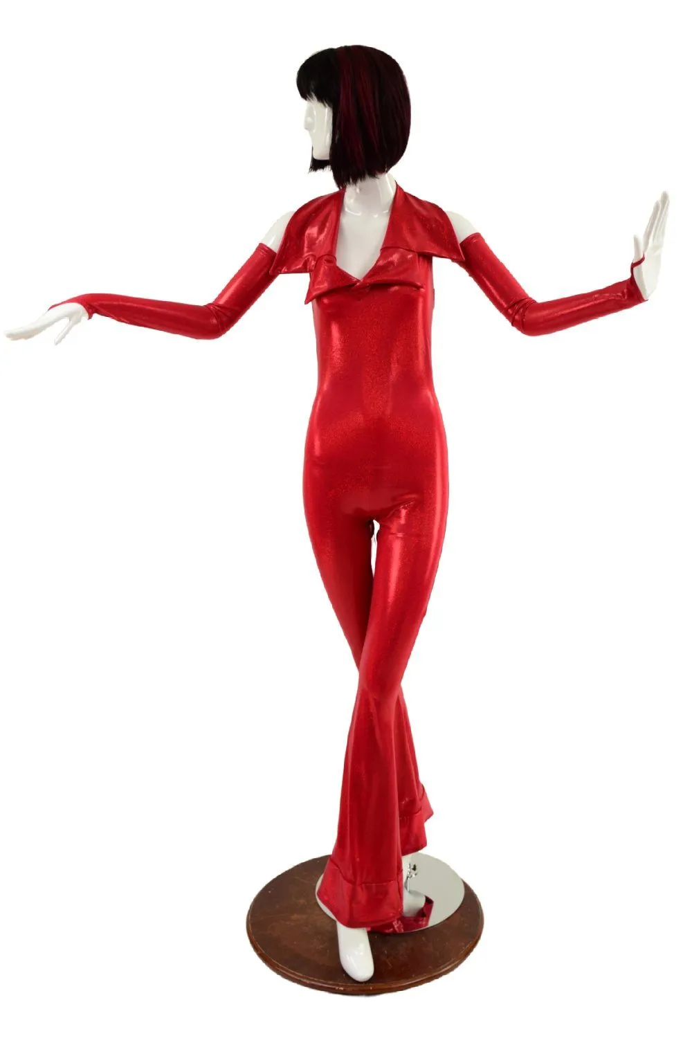 Backless Red Catsuit with Finger Loop Arm Warmers