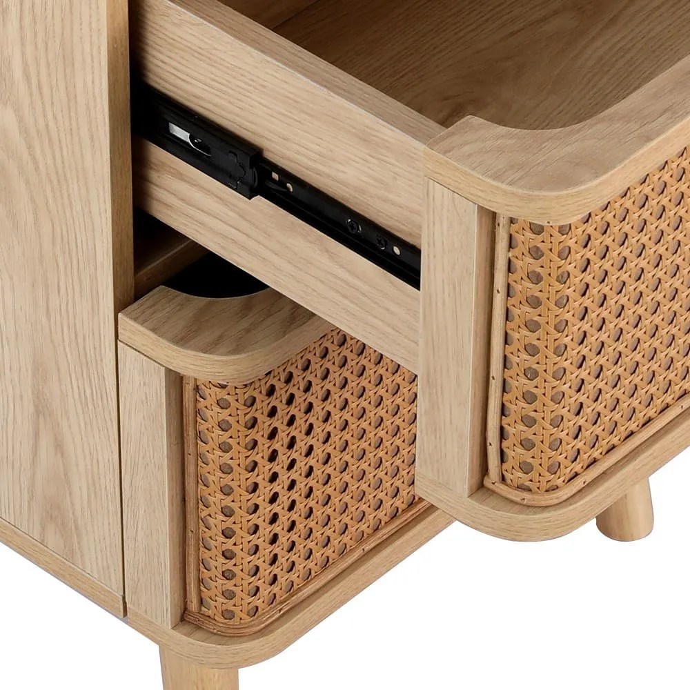 Bedside Table with 2 Rattan Drawers - Oak