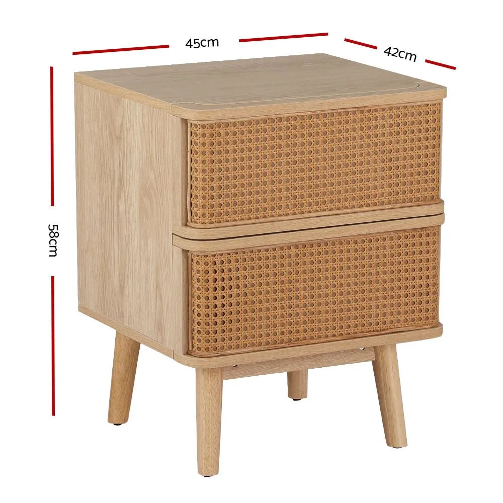 Bedside Table with 2 Rattan Drawers - Oak