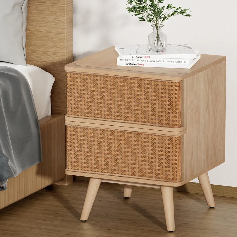 Bedside Table with 2 Rattan Drawers - Oak