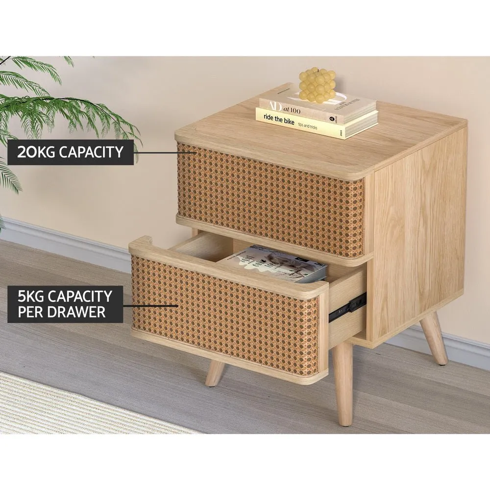 Bedside Table with 2 Rattan Drawers - Oak