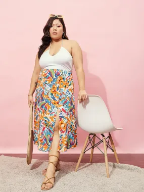 Berrylush Women Plus Size White & Multicolour Abstract Printed High-Rise Waist Thigh-High Slit Flared A-Line Midi Skirt