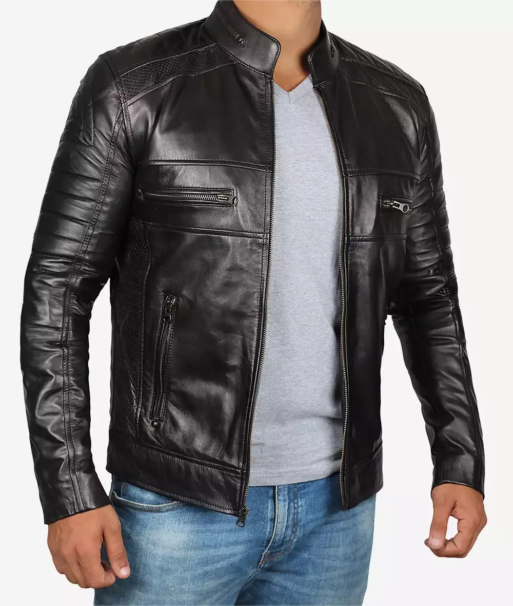 Black Cafe Racer Motorcycle Leather Jacket