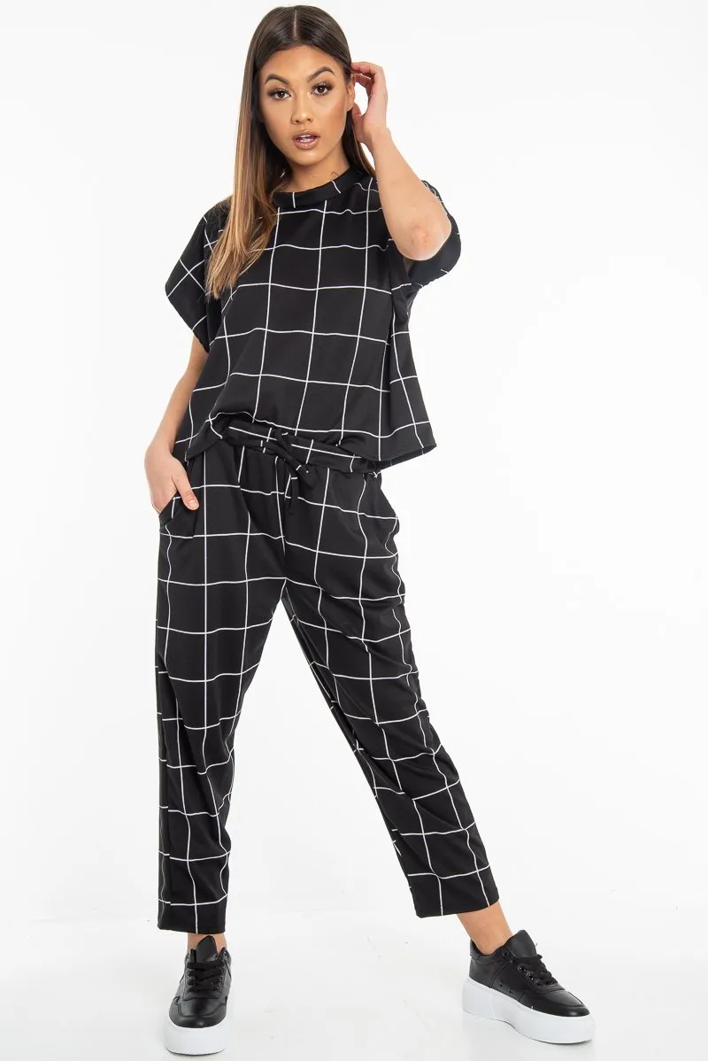 Black Check Short Sleeve Top and Jogger Set - Aimy