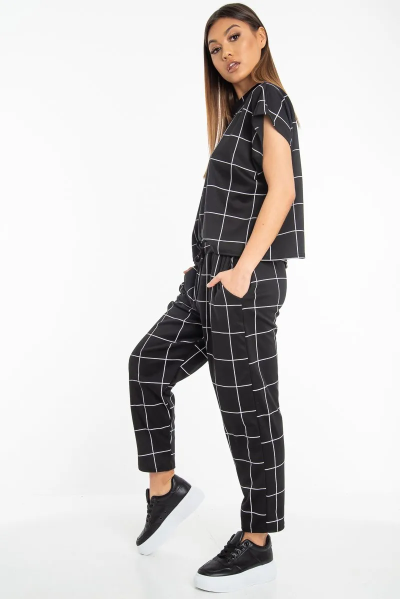 Black Check Short Sleeve Top and Jogger Set - Aimy