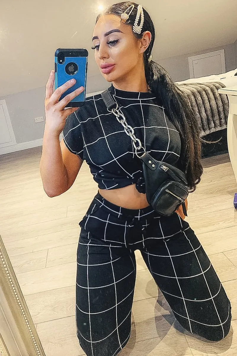 Black Check Short Sleeve Top and Jogger Set - Aimy