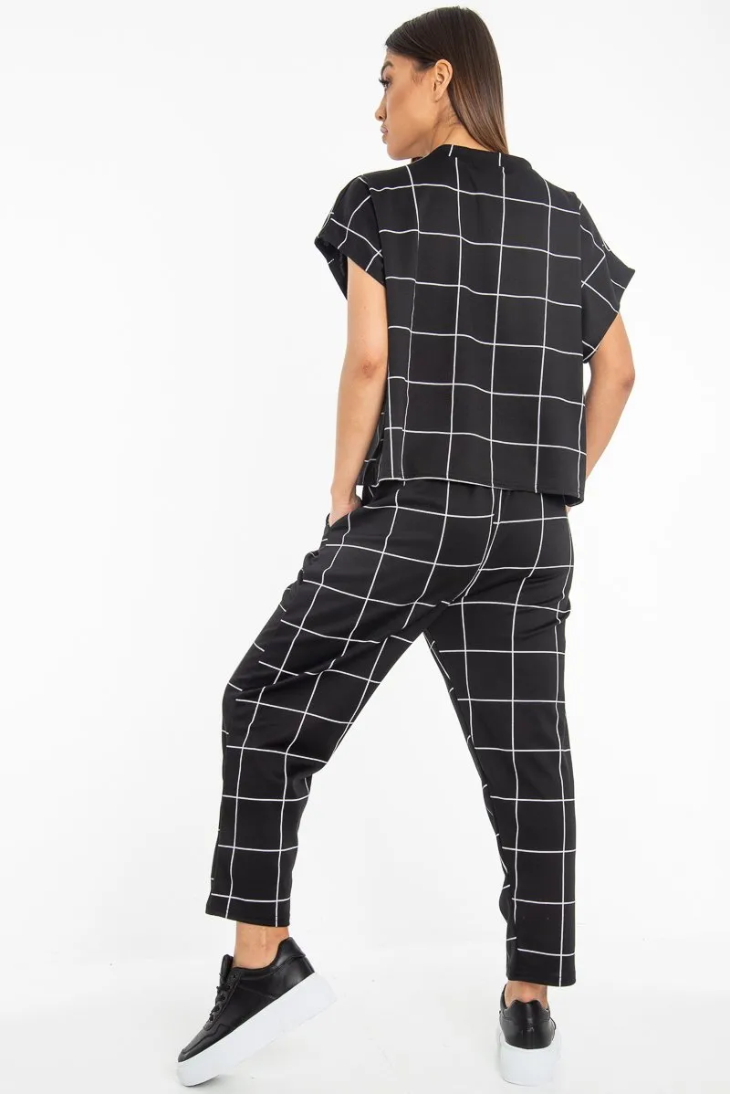 Black Check Short Sleeve Top and Jogger Set - Aimy