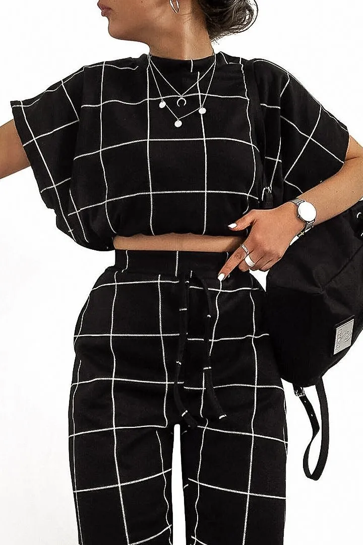 Black Check Short Sleeve Top and Jogger Set - Aimy