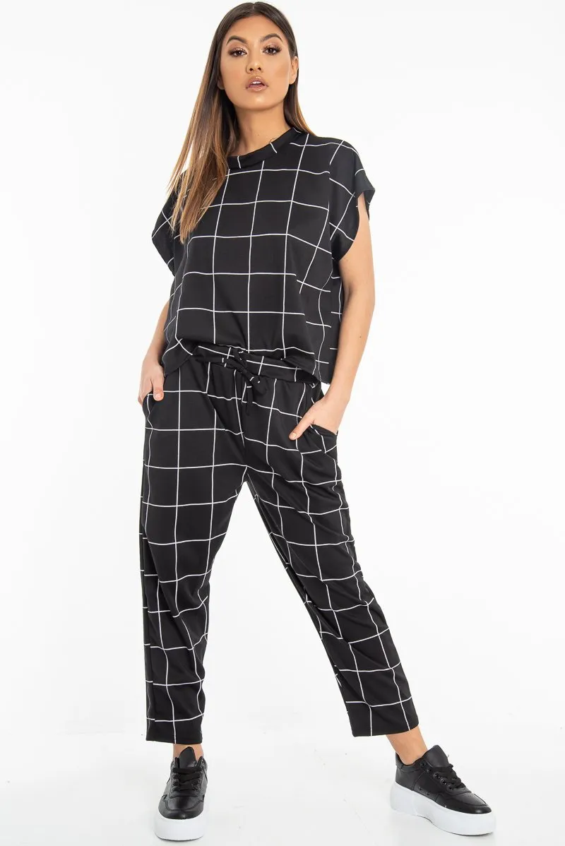 Black Check Short Sleeve Top and Jogger Set - Aimy