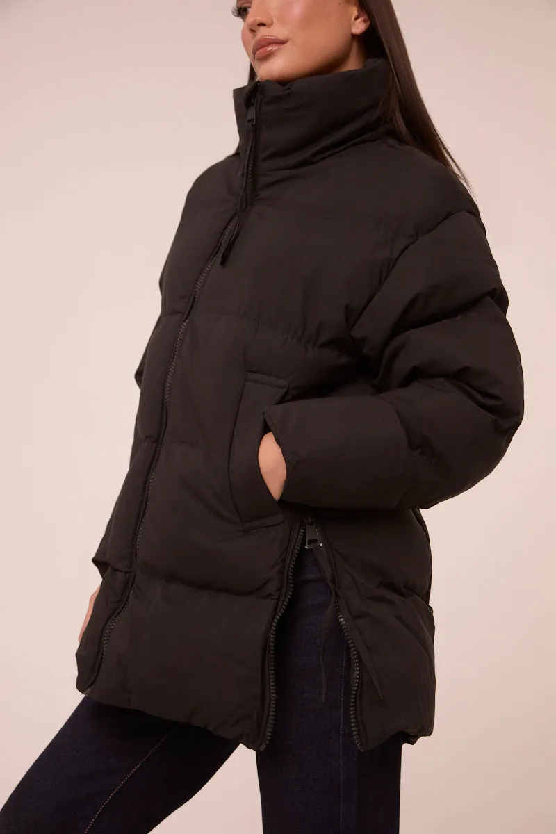 Black High Neck Zip Fastening Puffer Jacket - Camelia