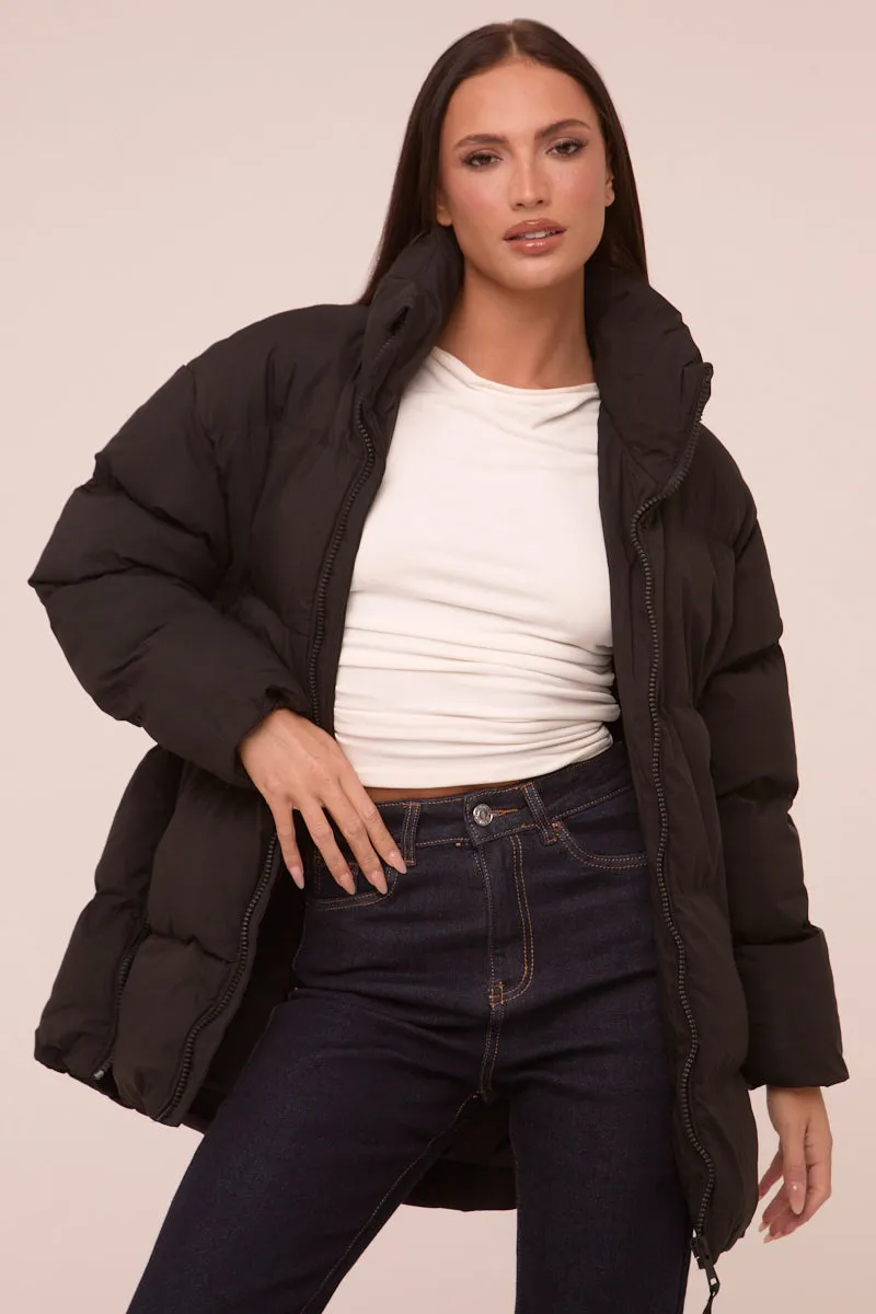 Black High Neck Zip Fastening Puffer Jacket - Camelia