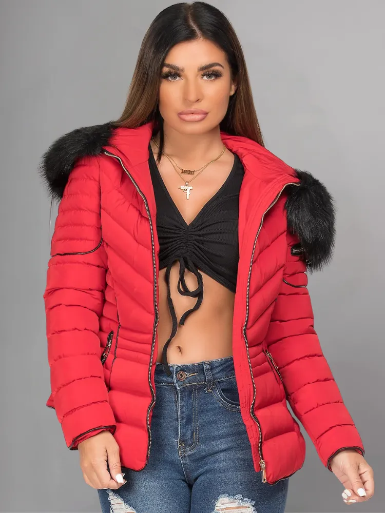 Black Puffer Jacket With Faux fur Hood