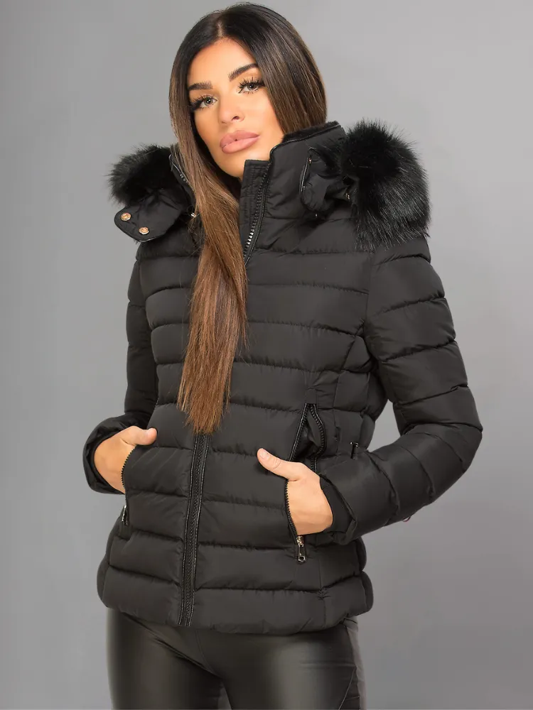 Black Puffer Jacket With Faux fur Hood