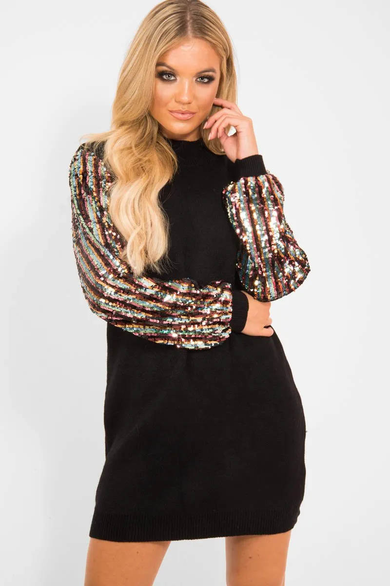 Black Sequin Sleeve Jumper Dress - Moniece