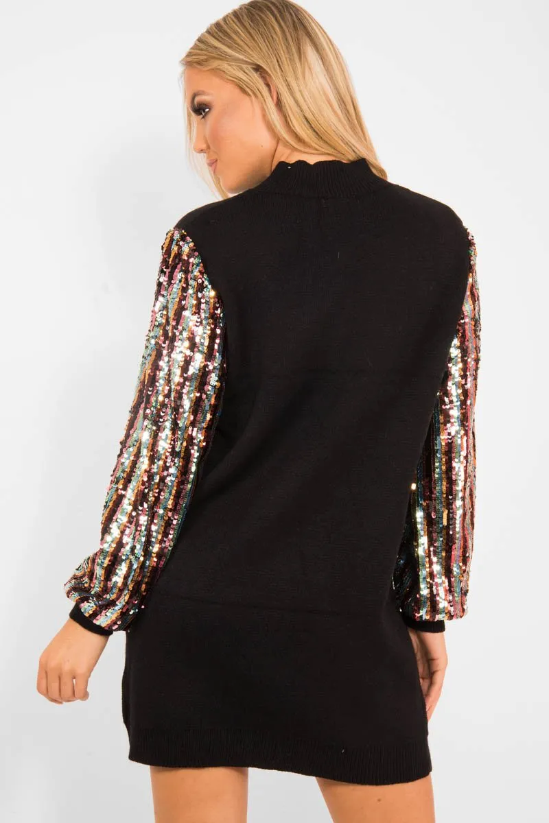 Black Sequin Sleeve Jumper Dress - Moniece