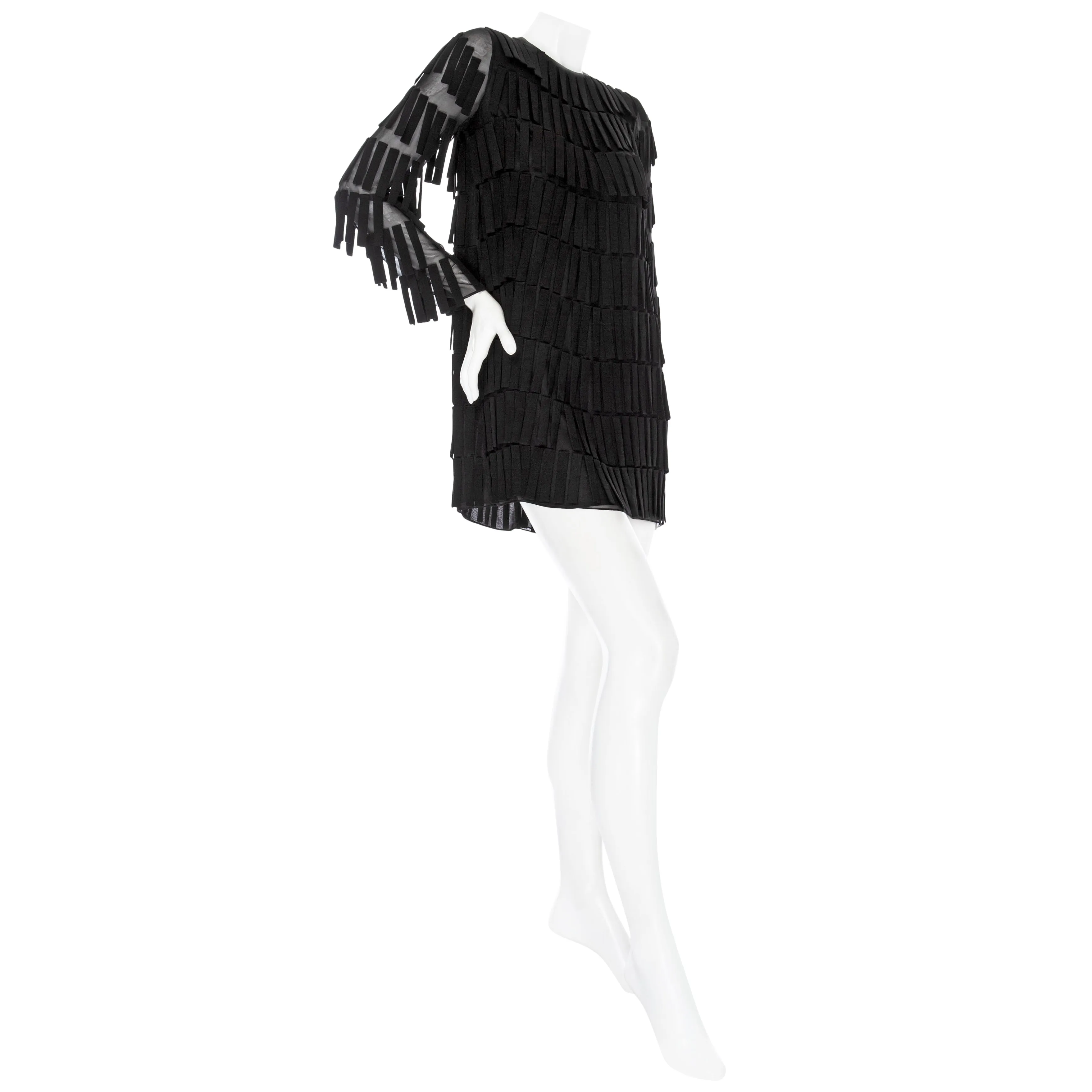 Black Voile Fringed Long Sleeve Mini Shift Dress