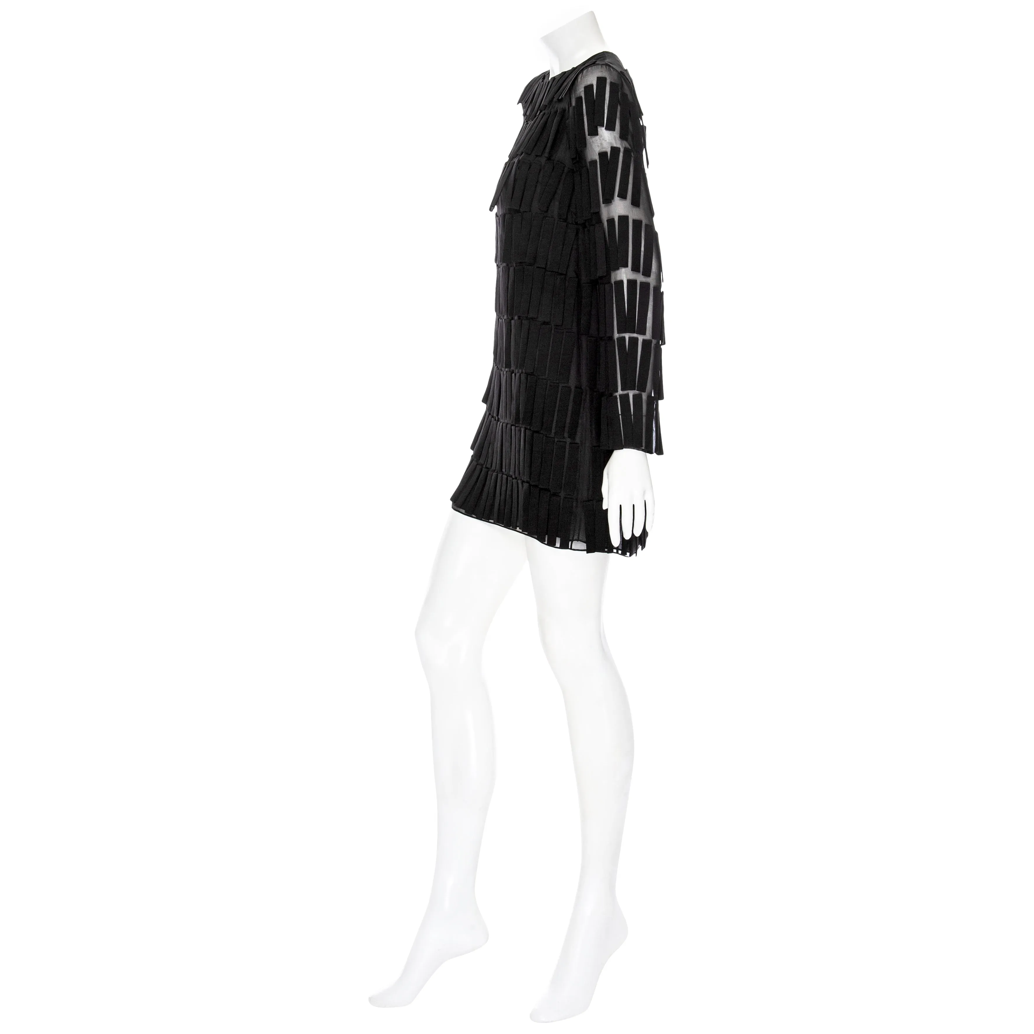 Black Voile Fringed Long Sleeve Mini Shift Dress