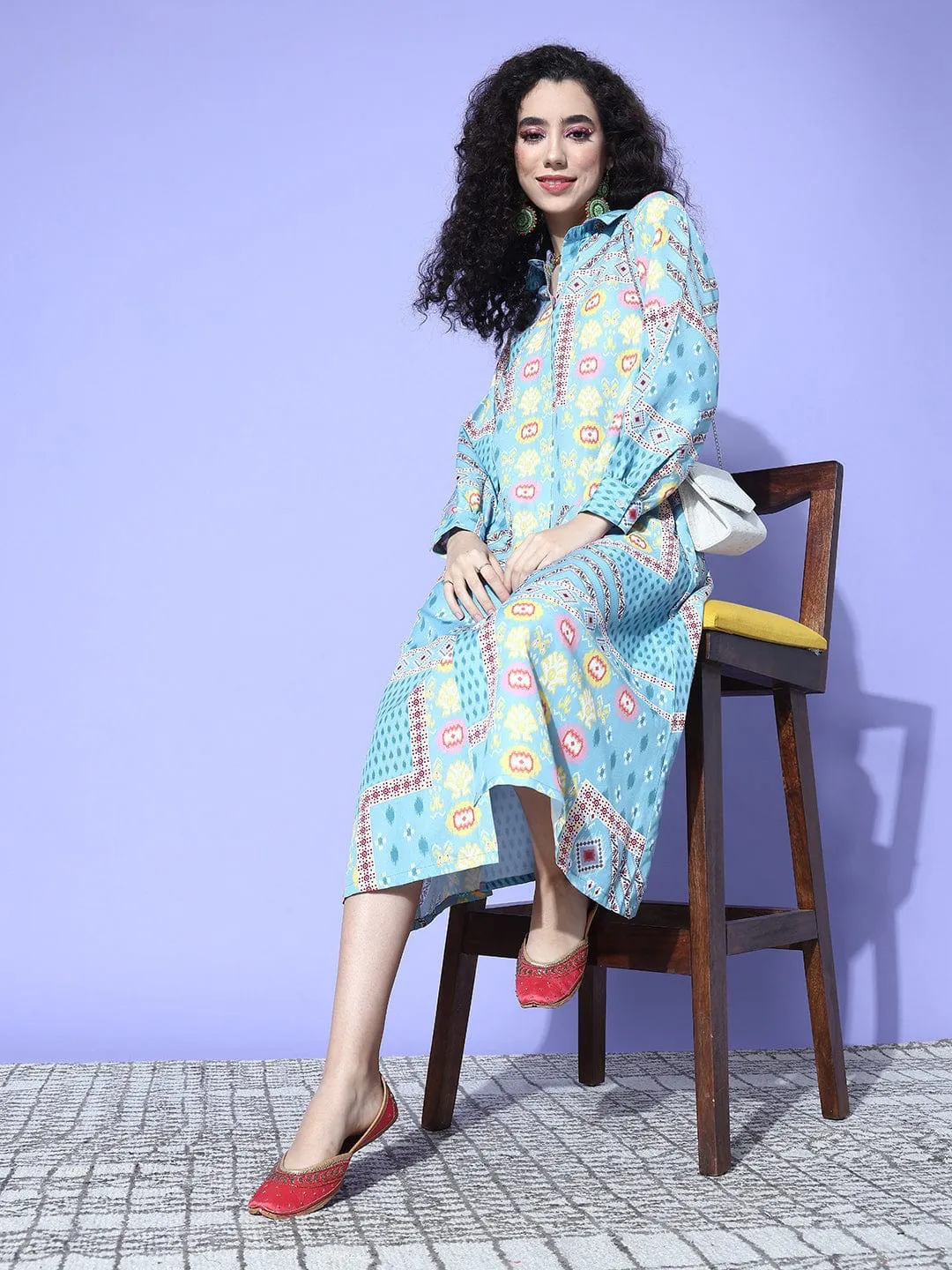 Blue Abstract Printed Shirt Collar A Line Dress With Front Slit