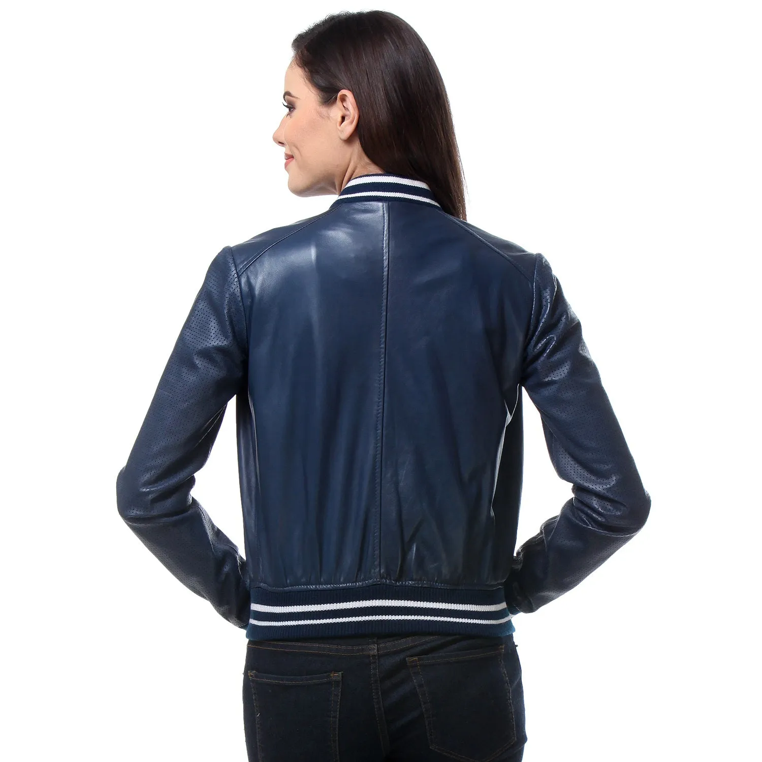 Blue Color Classic Leather Ribbed Bomber Jacket For Women By Brune & Bareskin