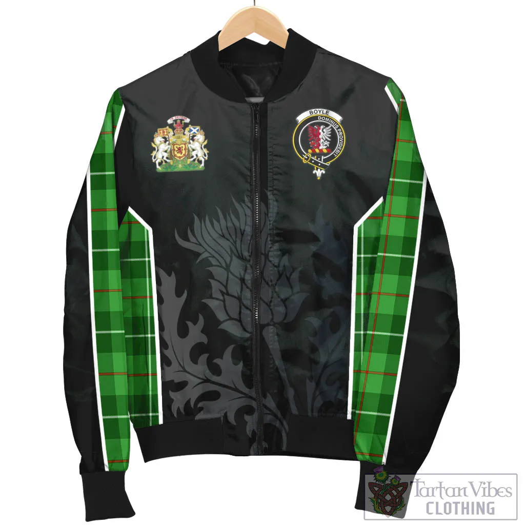 Boyle Tartan Bomber Jacket with Family Crest and Scottish Thistle Vibes Sport Style