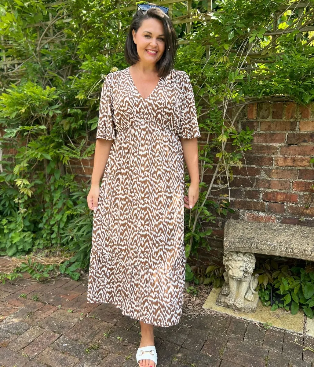 Brown Ikat Print Midi Dress