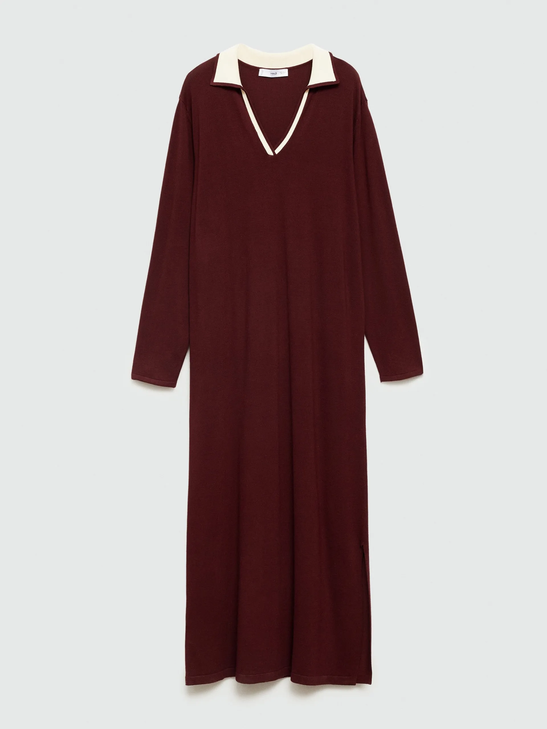 Burgundy knit maxi dress with polo collar