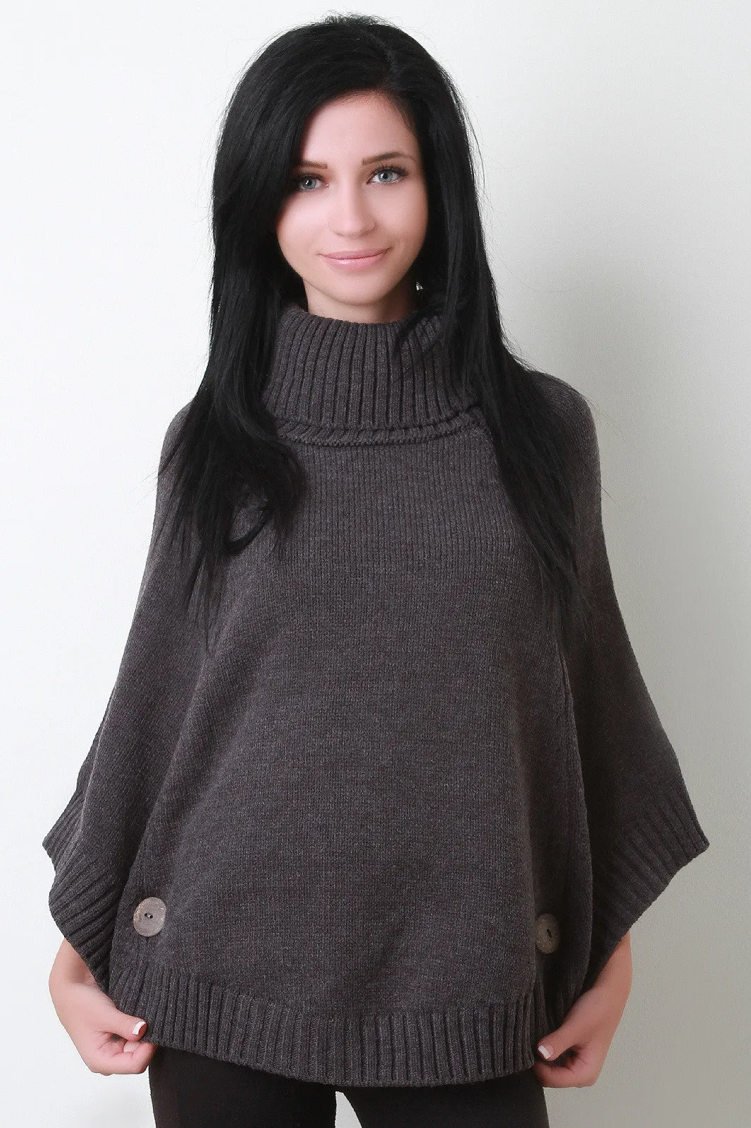 Button Ribbed Knit Turtleneck Poncho