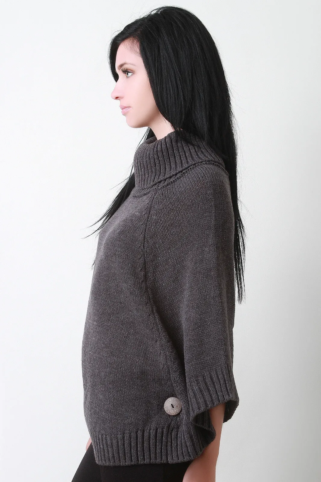 Button Ribbed Knit Turtleneck Poncho