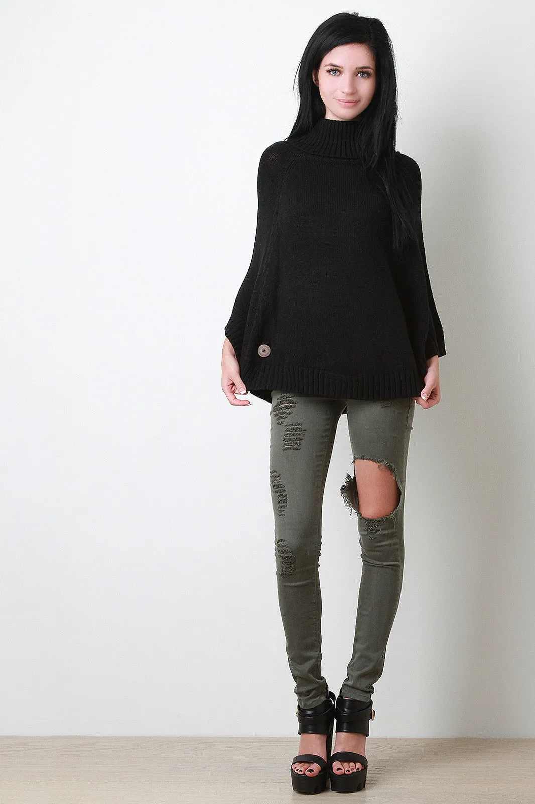 Button Ribbed Knit Turtleneck Poncho