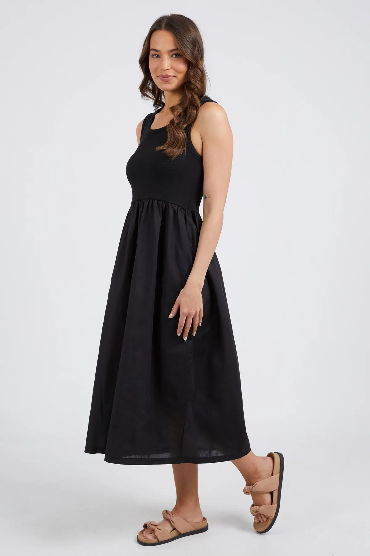 Calla Black Cotton Poplin Skirt Midi Dress