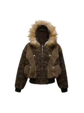 Camouflage Spliced Fur Hooded Fleece Jacket - 2262