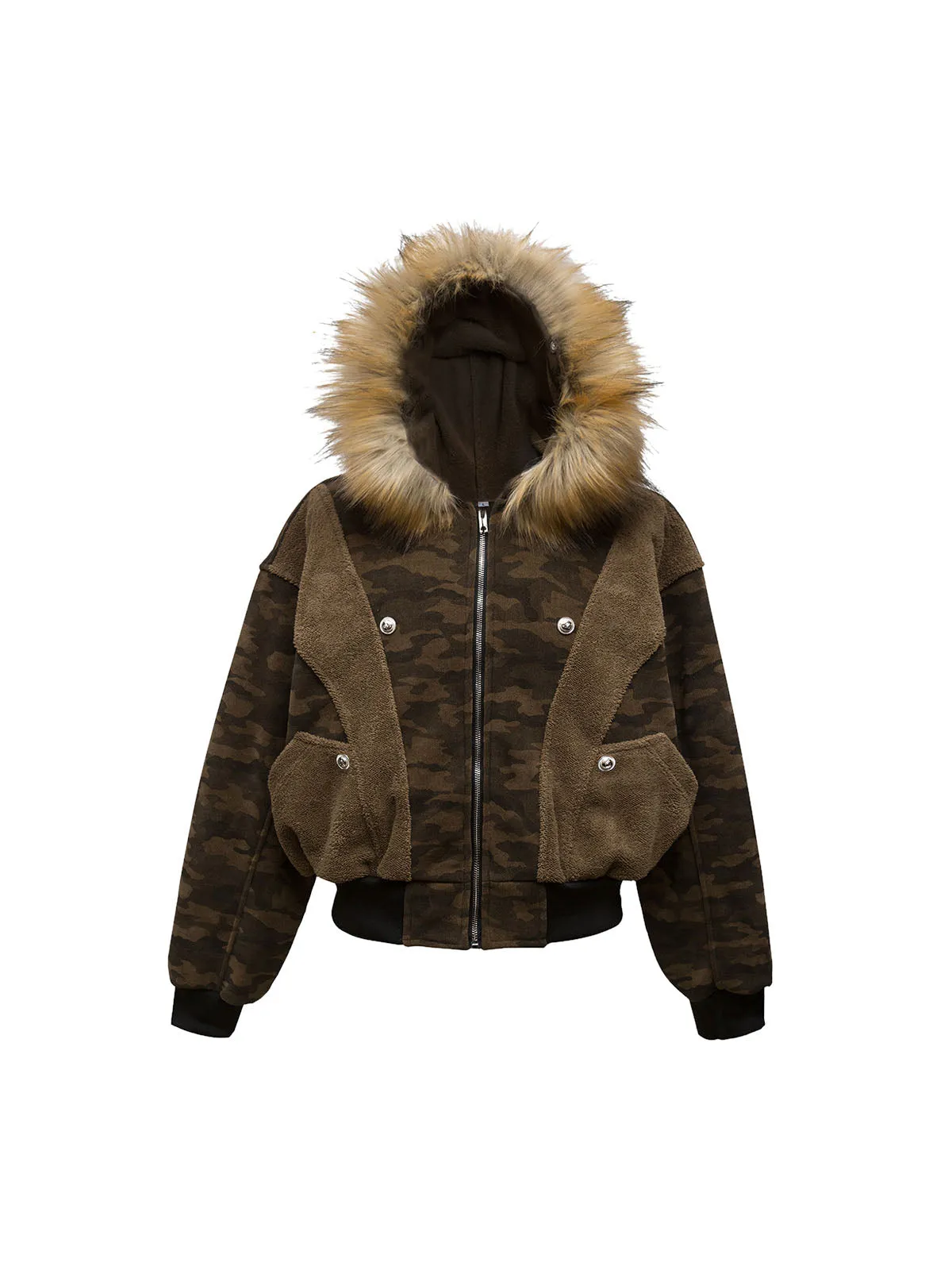 Camouflage Spliced Fur Hooded Fleece Jacket