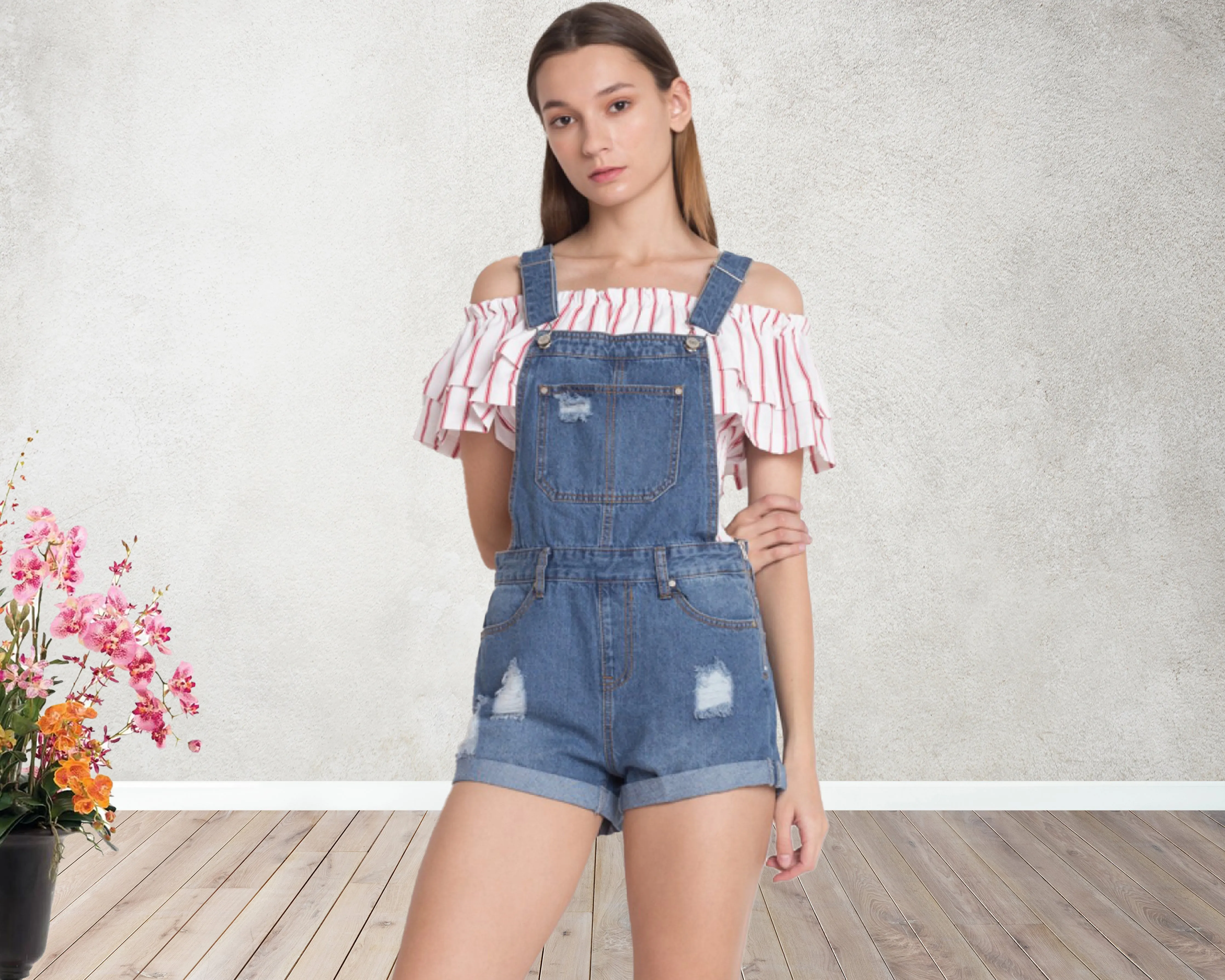 Casual Denim Short Bib Overalls Adjustable Strap Cuffed Hem Shorts Jean Rompers