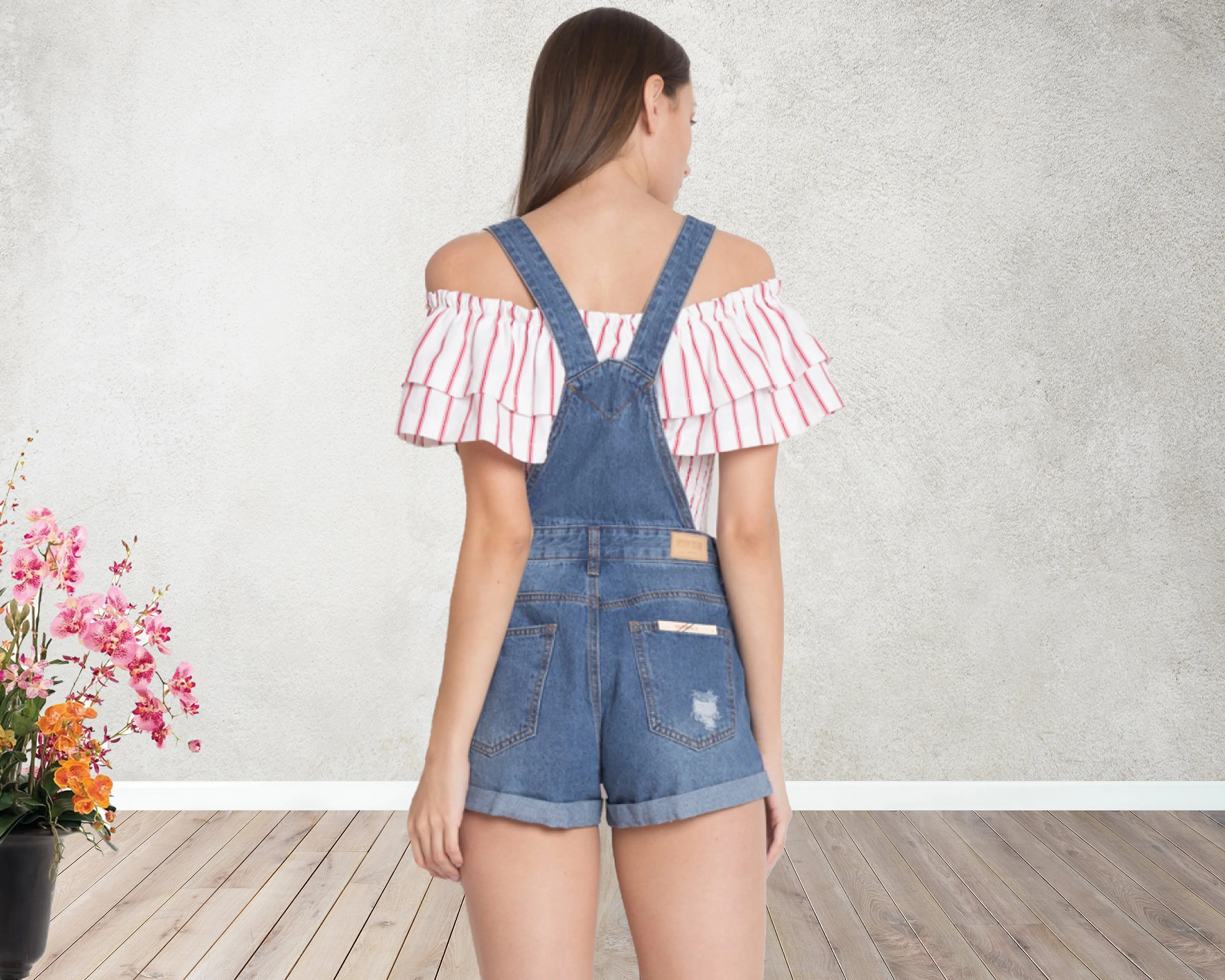 Casual Denim Short Bib Overalls Adjustable Strap Cuffed Hem Shorts Jean Rompers