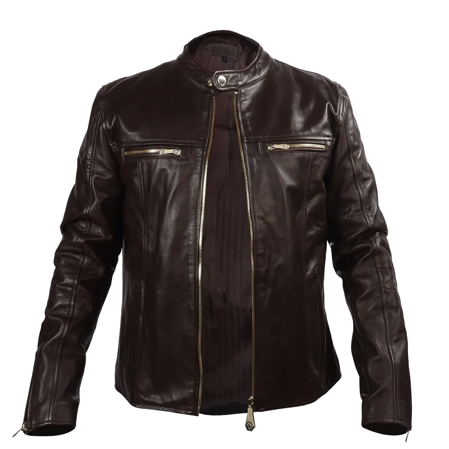 Classic Ban Neck Collar Dark Brown leather Jacket Front Zipper Pockets  By Brune & Bareskin