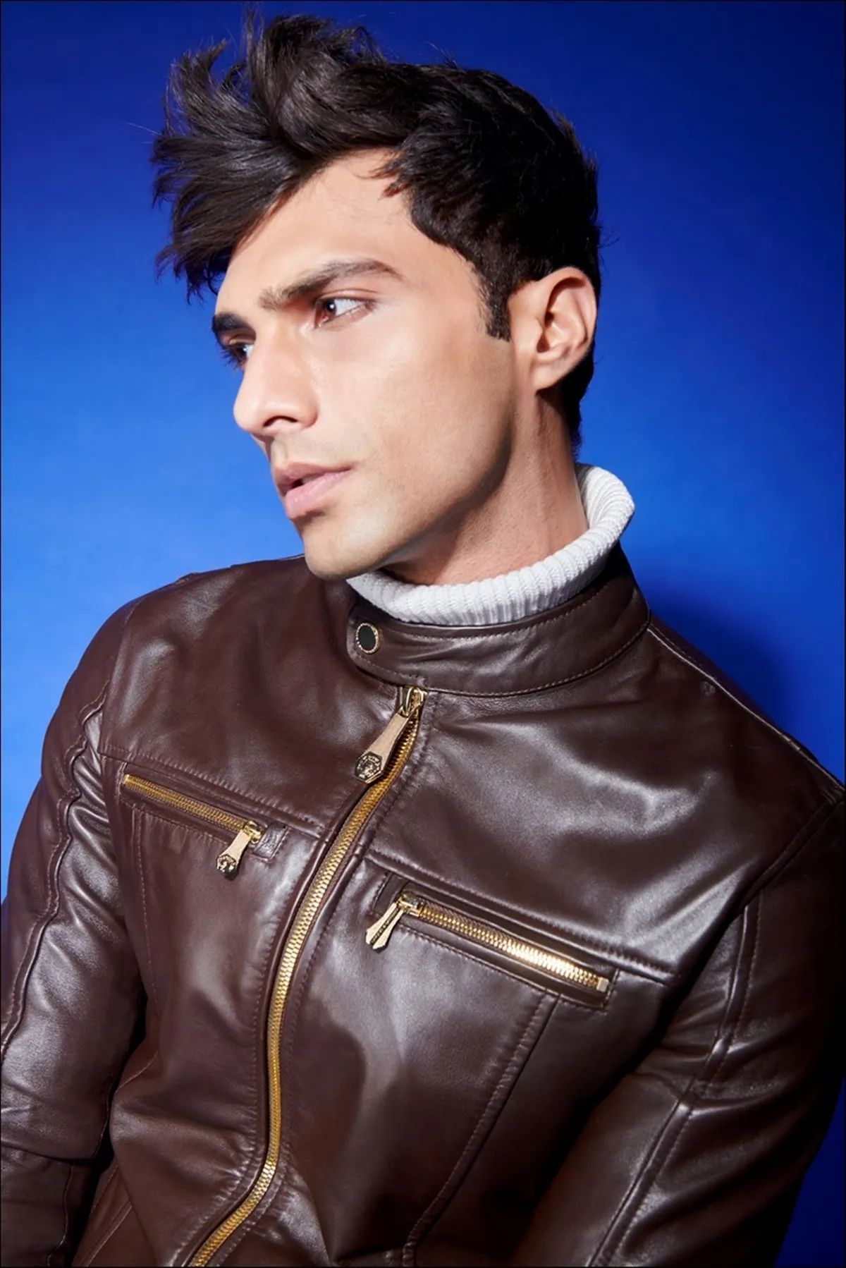 Classic Ban Neck Collar Dark Brown leather Jacket Front Zipper Pockets  By Brune & Bareskin