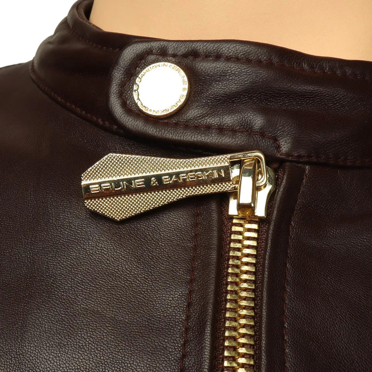 Classic Ban Neck Collar Dark Brown leather Jacket Front Zipper Pockets  By Brune & Bareskin