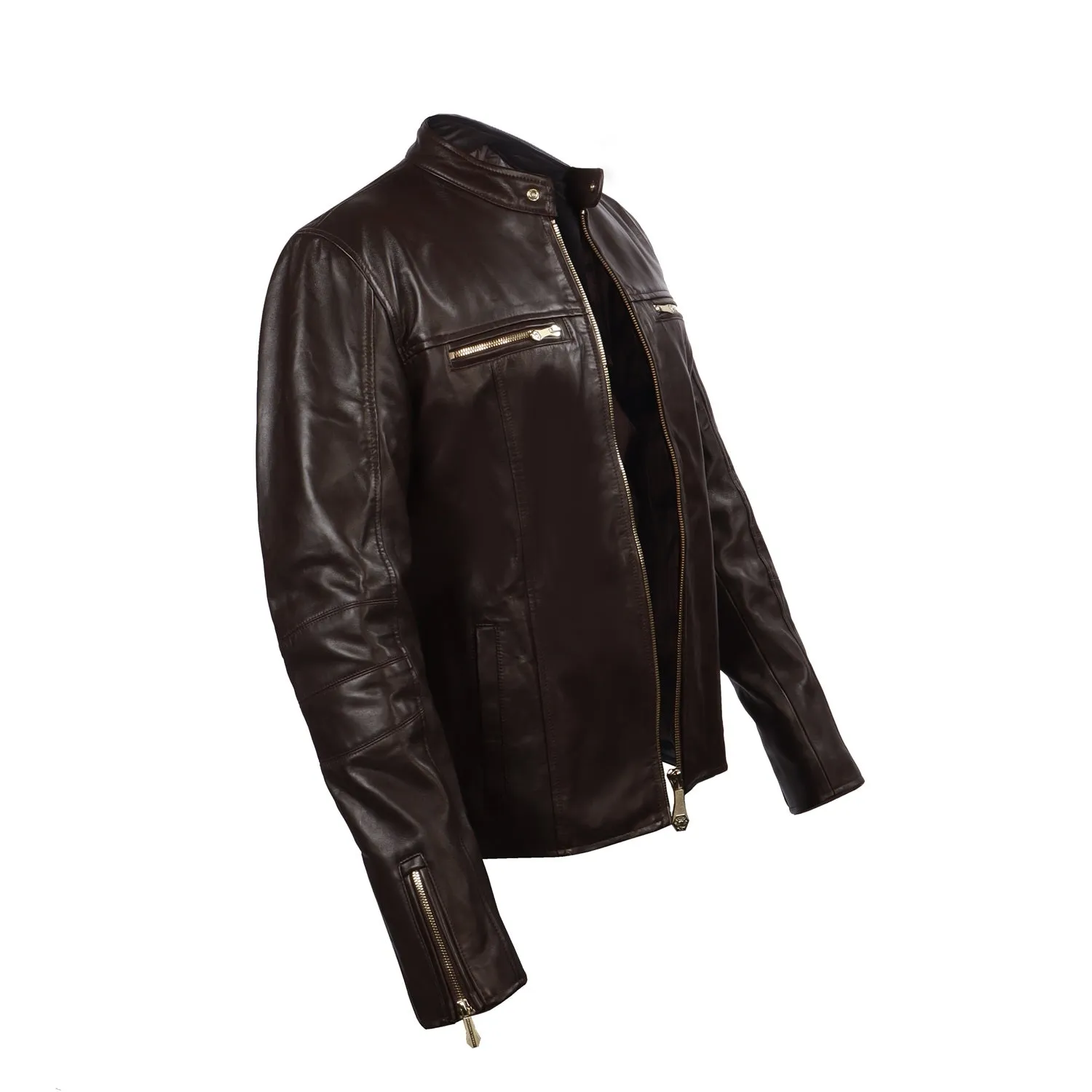 Classic Ban Neck Collar Dark Brown leather Jacket Front Zipper Pockets  By Brune & Bareskin