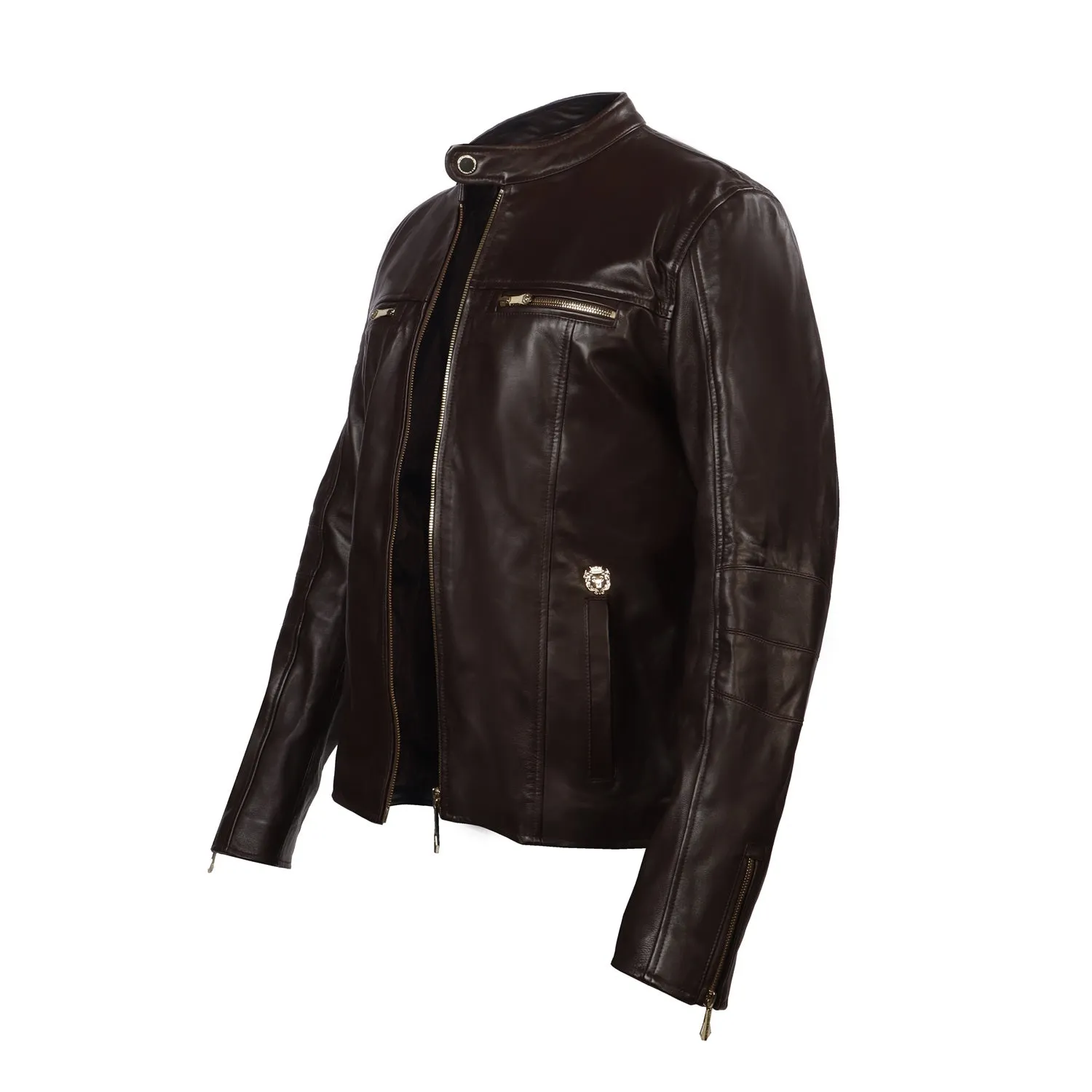 Classic Ban Neck Collar Dark Brown leather Jacket Front Zipper Pockets  By Brune & Bareskin