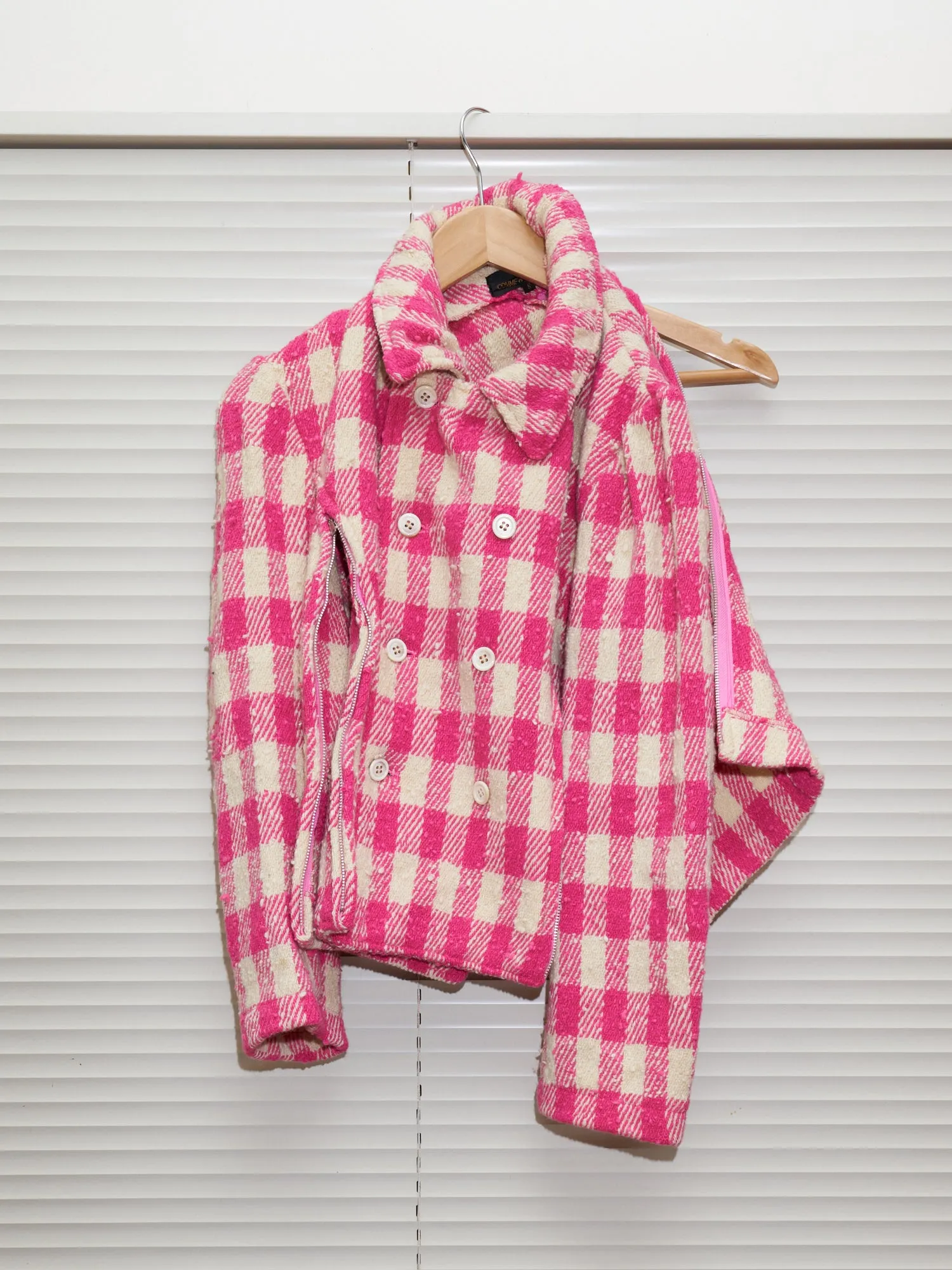 Comme des Garcons 1991 pink cream wool check zipped seam peacoat - womens S