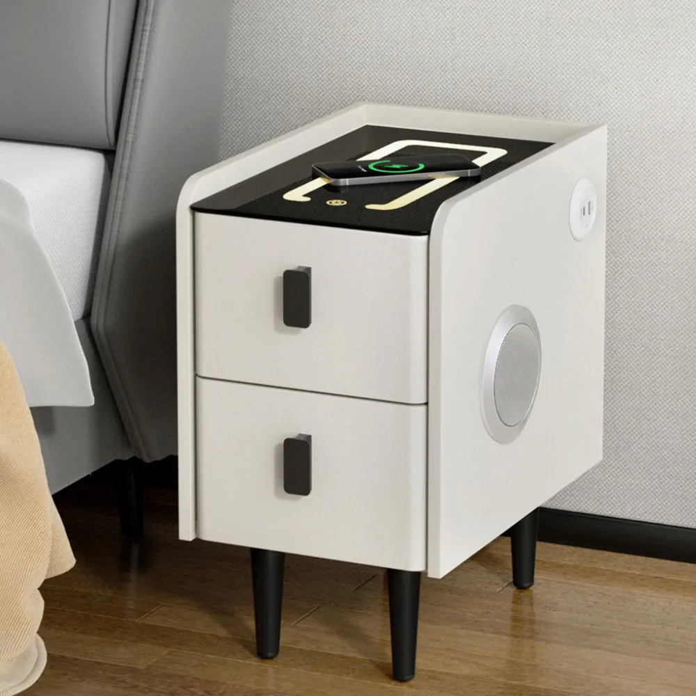 Compact Smart Bedside Table with Wireless Charging, LED Lights & Bluetooth Speaker - White