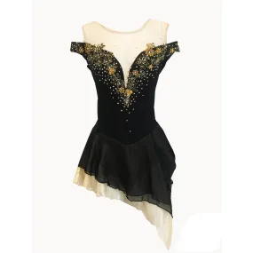 Competition Figure Skating Dress Assymetrical Skirt Off Shoulder Black Gold BSU2682.14