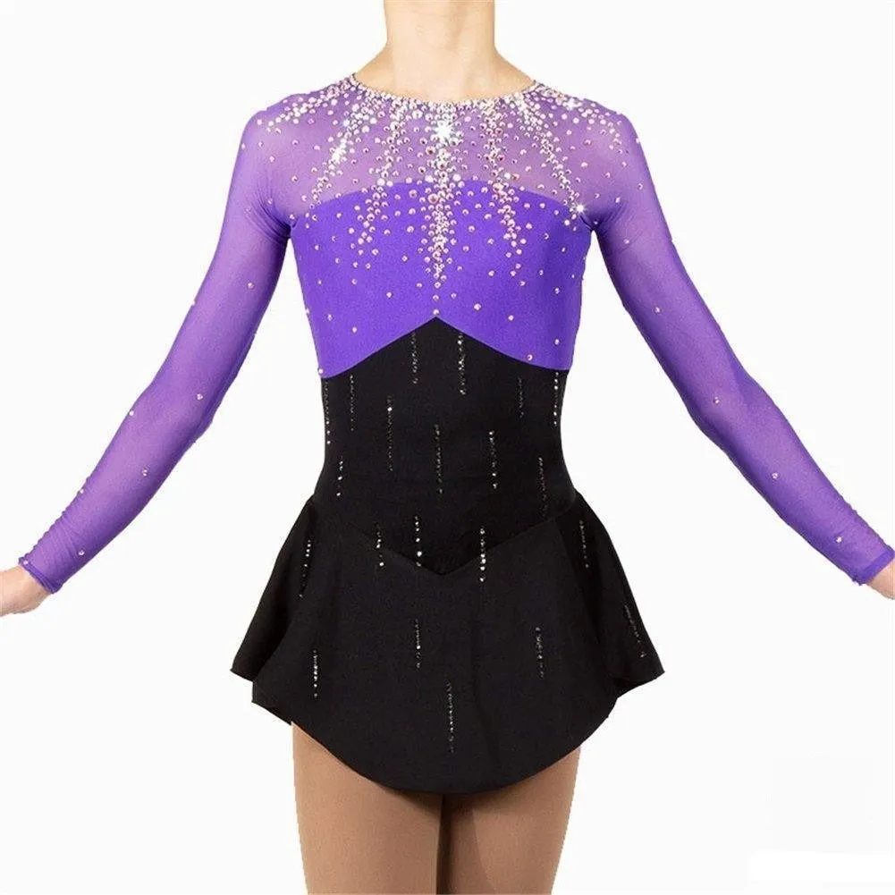 Competition Figure Skating Dress Black Purple & Crystals Long Sleeves BSU060922 Youth 12-14 Stock