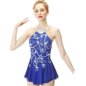 Competition Figure Skating Dress Royal Blue Crystal Scrolls Crystals